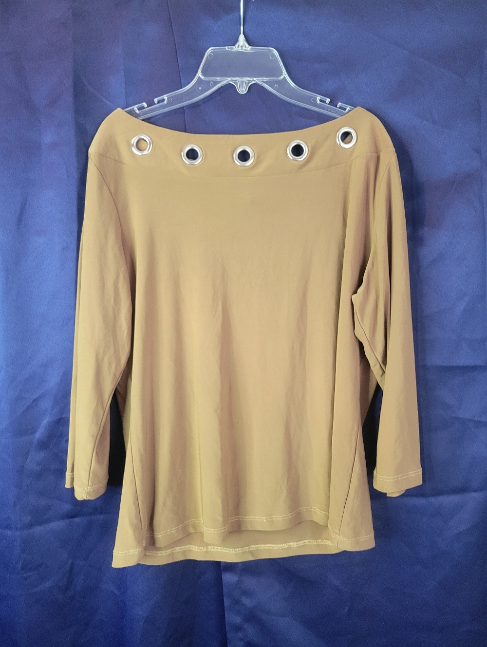Grommet-Trim Boatneck Blouse, Camel Tan Color